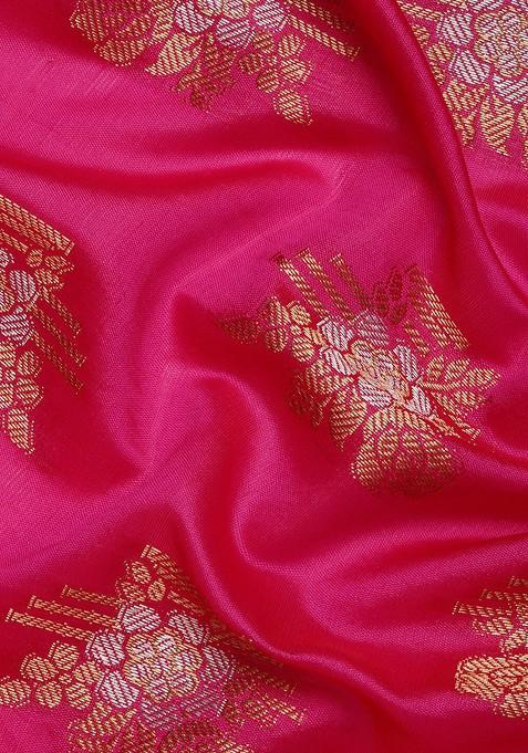 Pink Ethnic Motifs Woven Zari Pure Banarasi Silk Saree Set