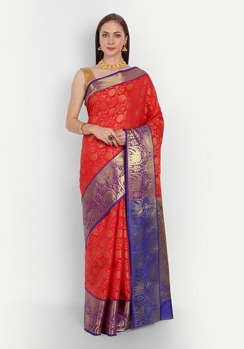 Red Floral Woven Zari Pure Banarasi Silk Saree Set