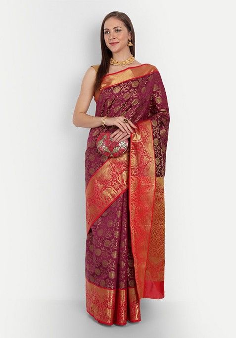 Violet Floral Woven Zari Pure Banarasi Silk Saree Set