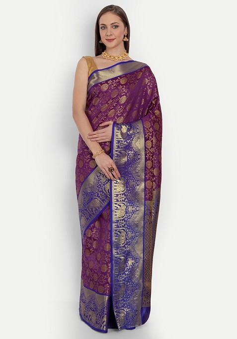 Purple Floral Woven Zari Pure Banarasi Silk Saree Set