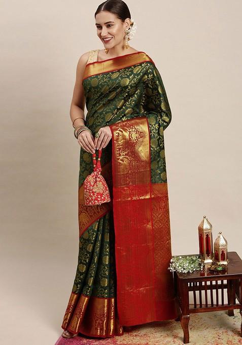 Green Floral Woven Zari Pure Banarasi Silk Saree Set