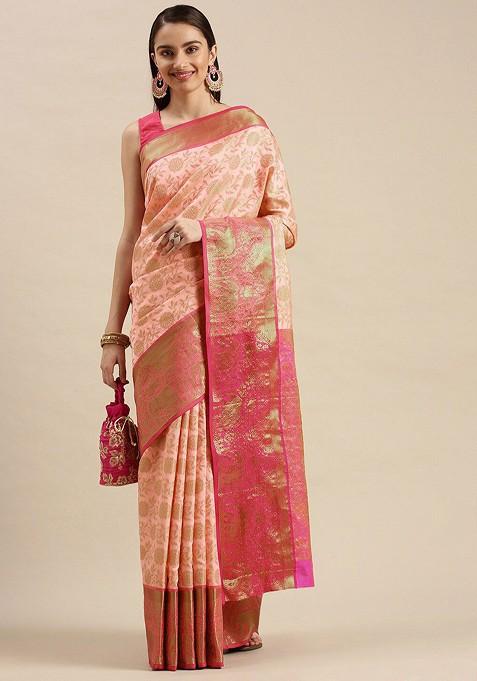 Peach Floral Woven Zari Pure Banarasi Silk Saree Set