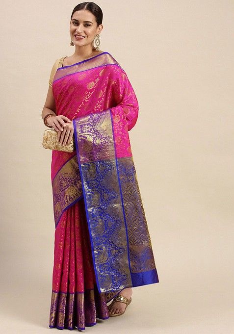 Pink Floral Woven Zari Pure Banarasi Silk Saree Set