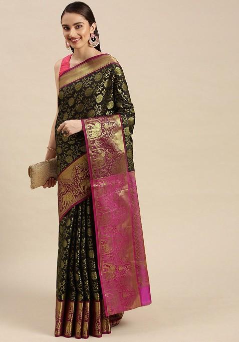 Black Floral Woven Zari Pure Banarasi Silk Saree Set