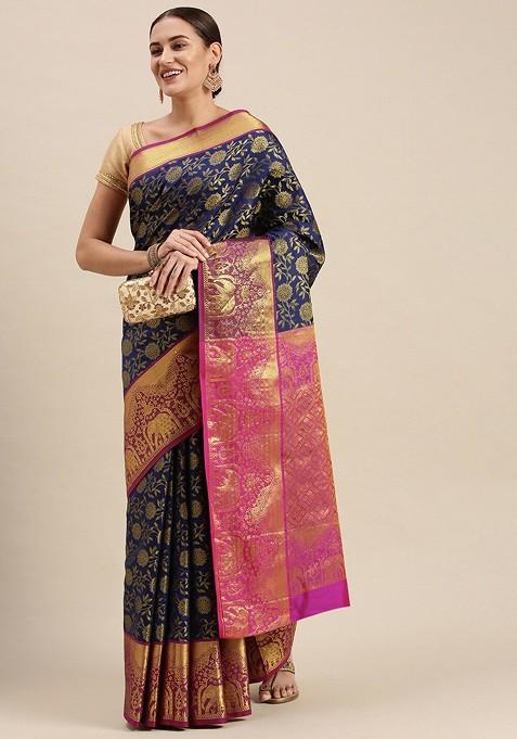 Blue Floral Woven Zari Pure Banarasi Silk Saree Set