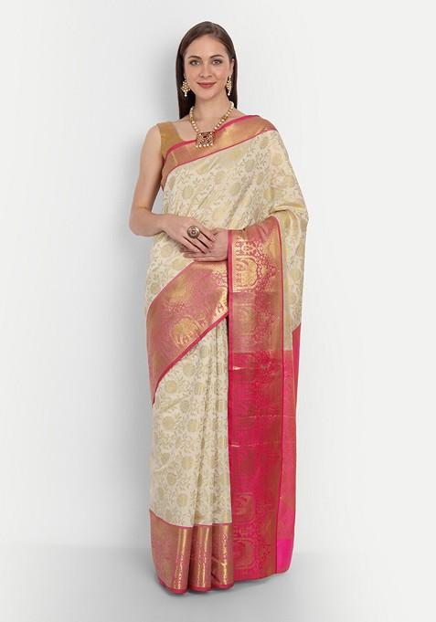 Cream Floral Woven Zari Pure Banarasi Silk Saree Set