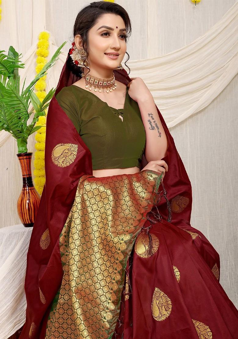 Brown Ethnic Motifs Woven Zari Pure Banarasi Silk Saree Set