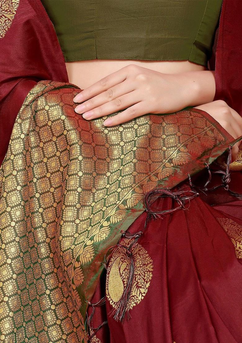 Brown Ethnic Motifs Woven Zari Pure Banarasi Silk Saree Set