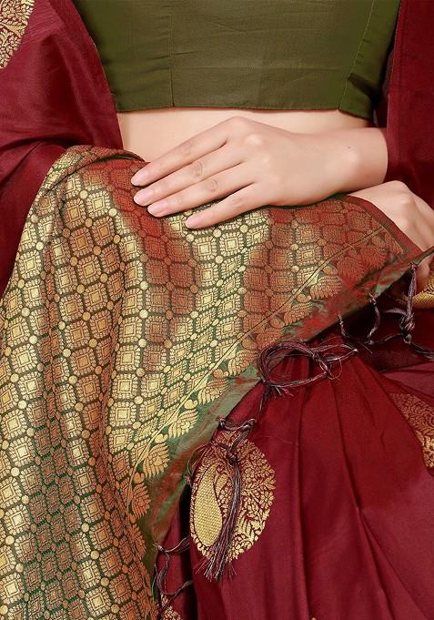 Brown Ethnic Motifs Woven Zari Pure Banarasi Silk Saree Set