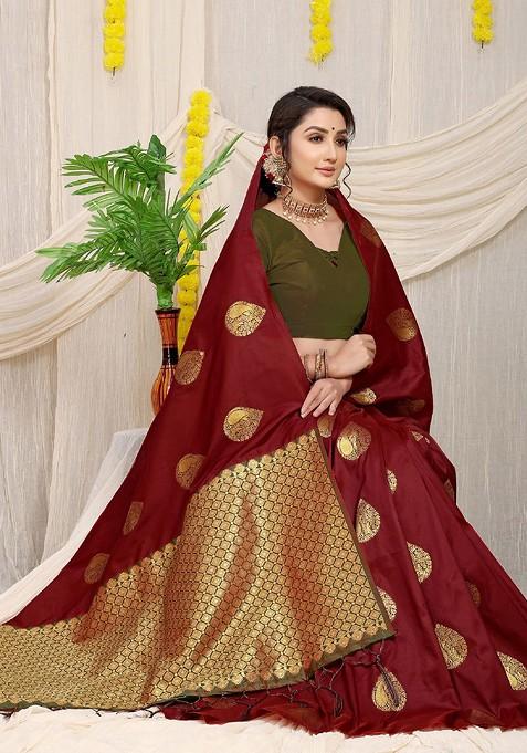 Brown Ethnic Motifs Woven Zari Pure Banarasi Silk Saree Set