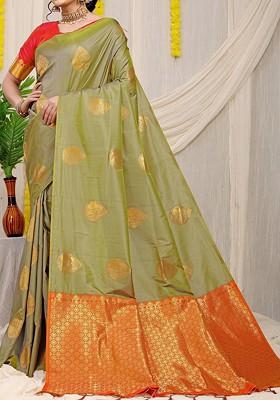 Sea Green Ethnic Motifs Woven Zari Pure Banarasi Silk Saree Set