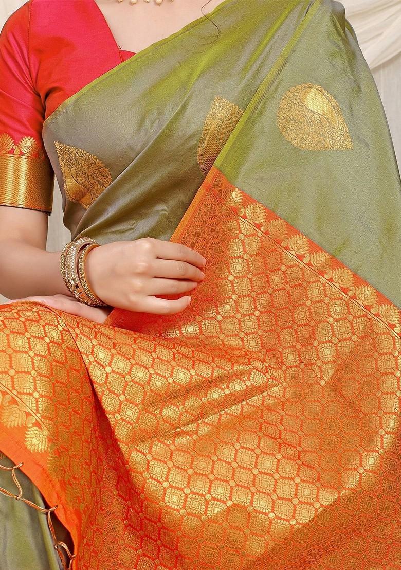 Sea Green Ethnic Motifs Woven Zari Pure Banarasi Silk Saree Set