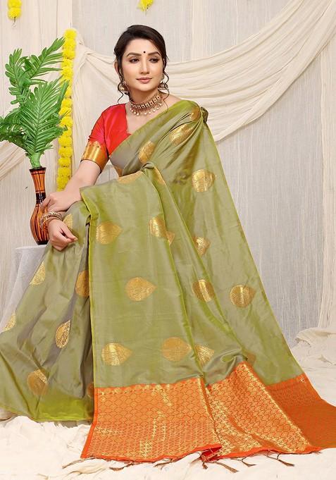 Sea Green Ethnic Motifs Woven Zari Pure Banarasi Silk Saree Set