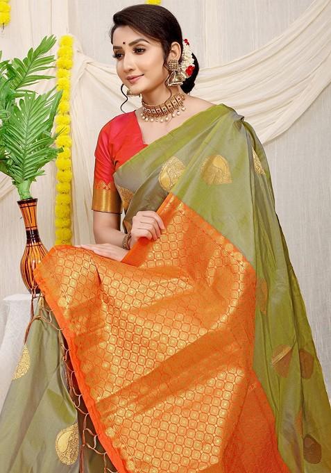 Sea Green Ethnic Motifs Woven Zari Pure Banarasi Silk Saree Set