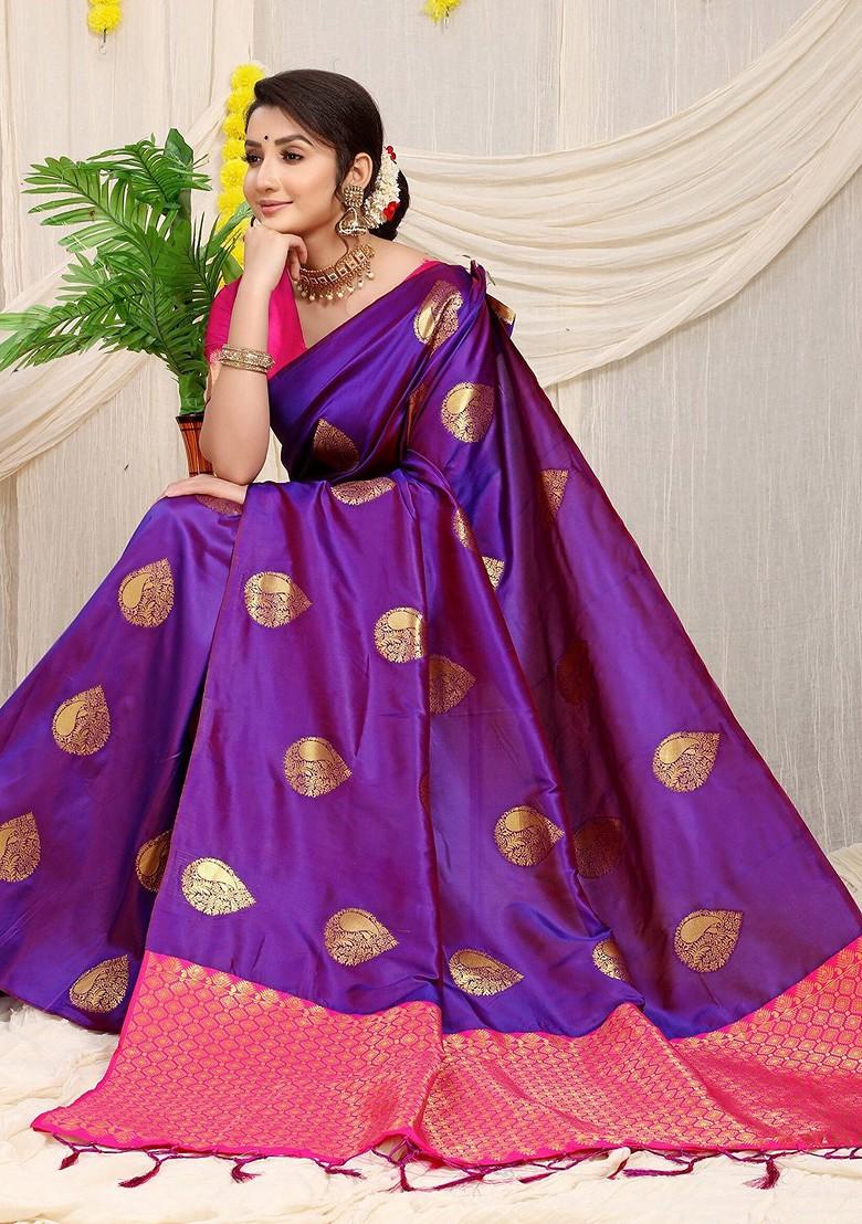 Violet Ethnic Motif Woven Zari Pure Banarasi Silk Saree Set