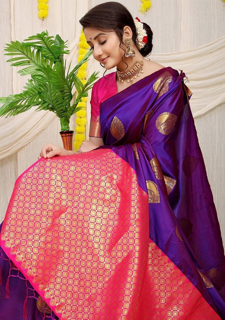 Violet Ethnic Motif Woven Zari Pure Banarasi Silk Saree Set