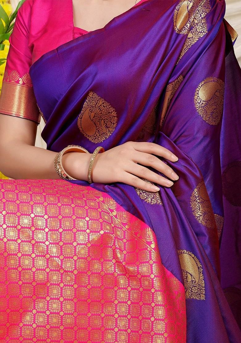 Violet Ethnic Motif Woven Zari Pure Banarasi Silk Saree Set