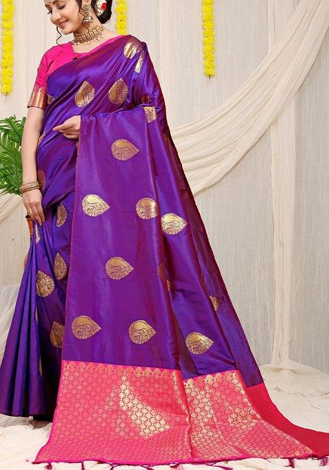 Violet Ethnic Motif Woven Zari Pure Banarasi Silk Saree Set