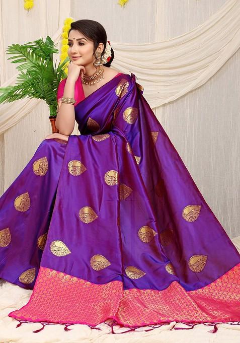 Violet Ethnic Motif Woven Zari Pure Banarasi Silk Saree Set