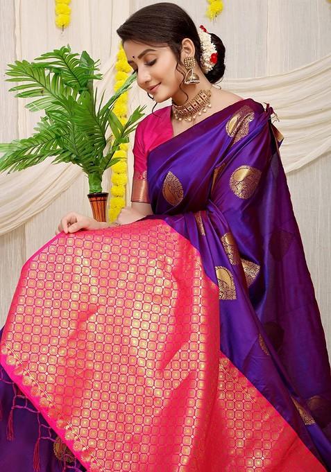Violet Ethnic Motif Woven Zari Pure Banarasi Silk Saree Set