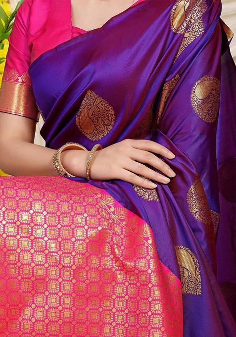 Violet Ethnic Motif Woven Zari Pure Banarasi Silk Saree Set