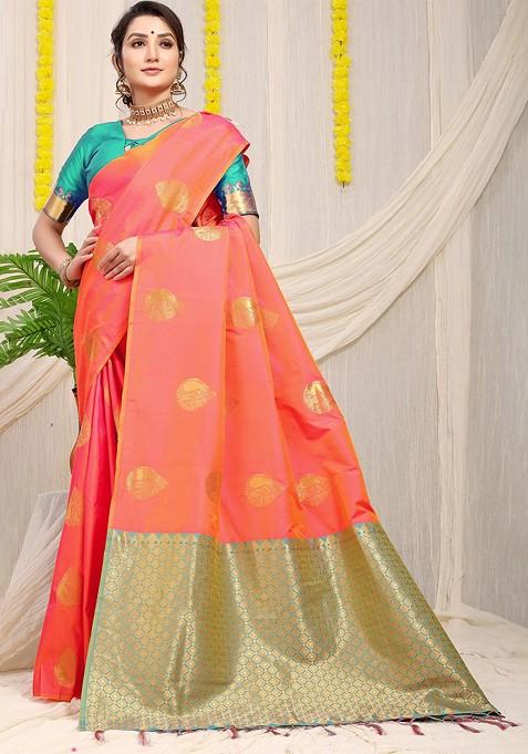 Coral Ethnic Woven Zari Pure Banarasi Silk Saree Set