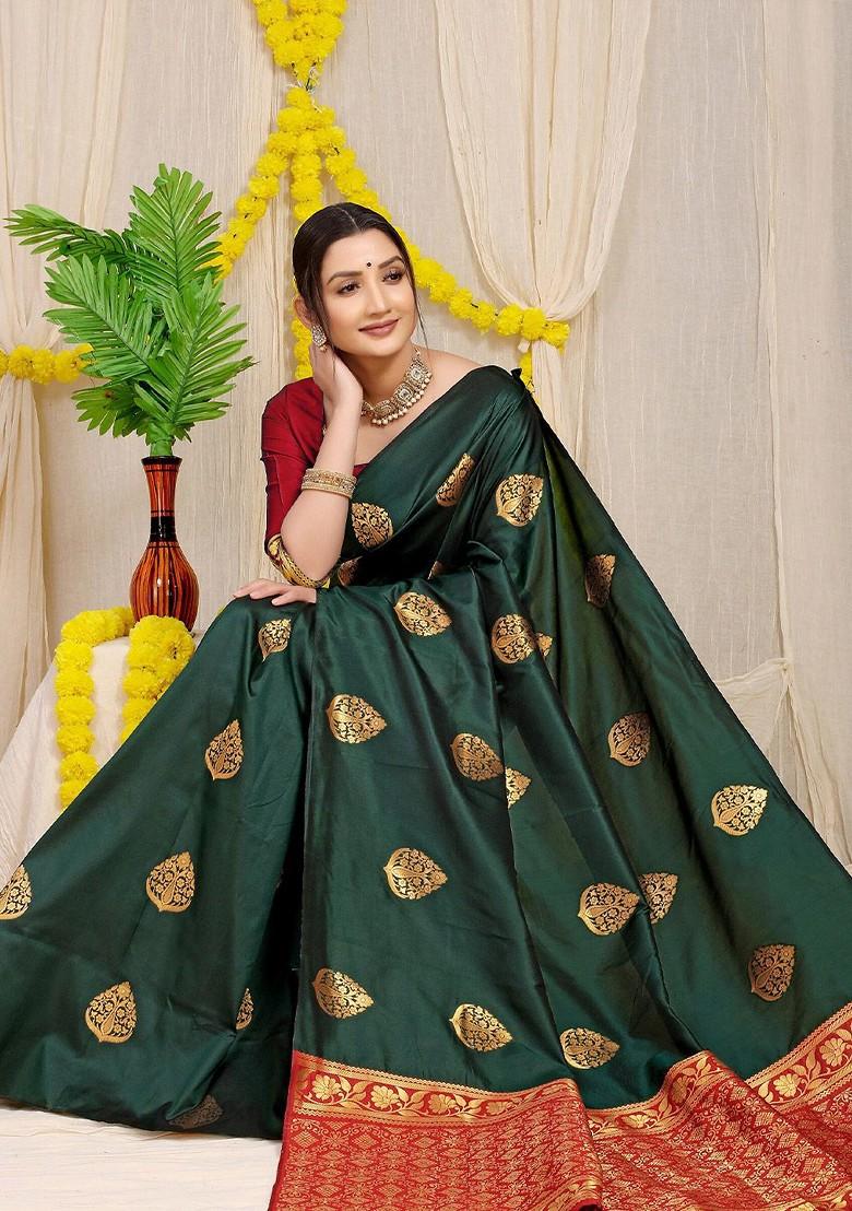 Green Floral Woven Zari Pure Banarasi Silk Saree Set