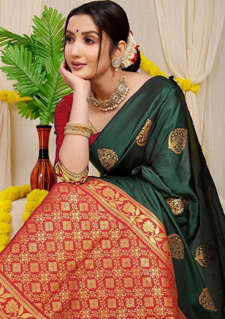 Green Floral Woven Zari Pure Banarasi Silk Saree Set