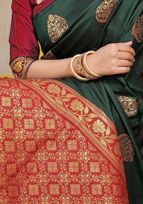 Green Floral Woven Zari Pure Banarasi Silk Saree Set