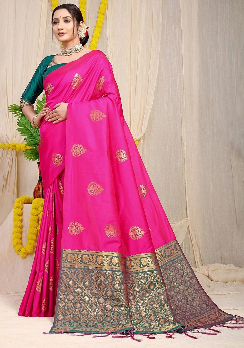 Pink Floral Woven Zari Pure Banarasi Silk Saree Set