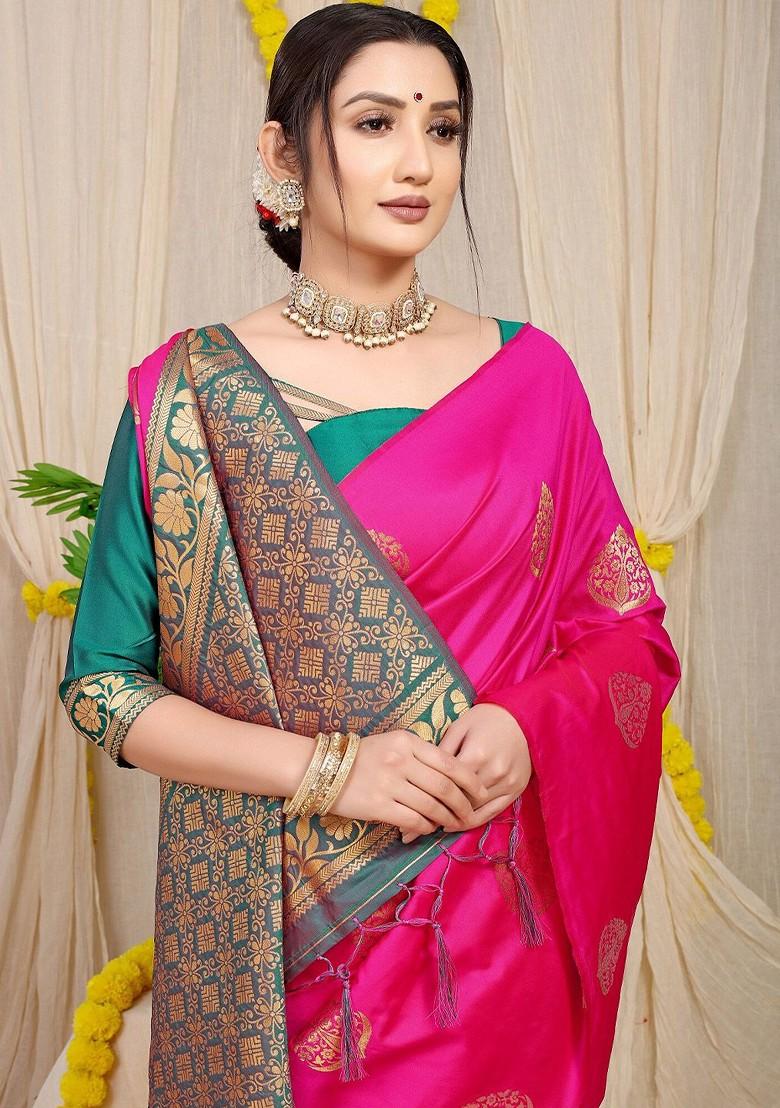 Pink Floral Woven Zari Pure Banarasi Silk Saree Set