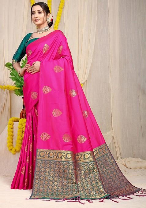 Pink Floral Woven Zari Pure Banarasi Silk Saree Set
