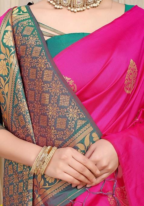 Pink Floral Woven Zari Pure Banarasi Silk Saree Set