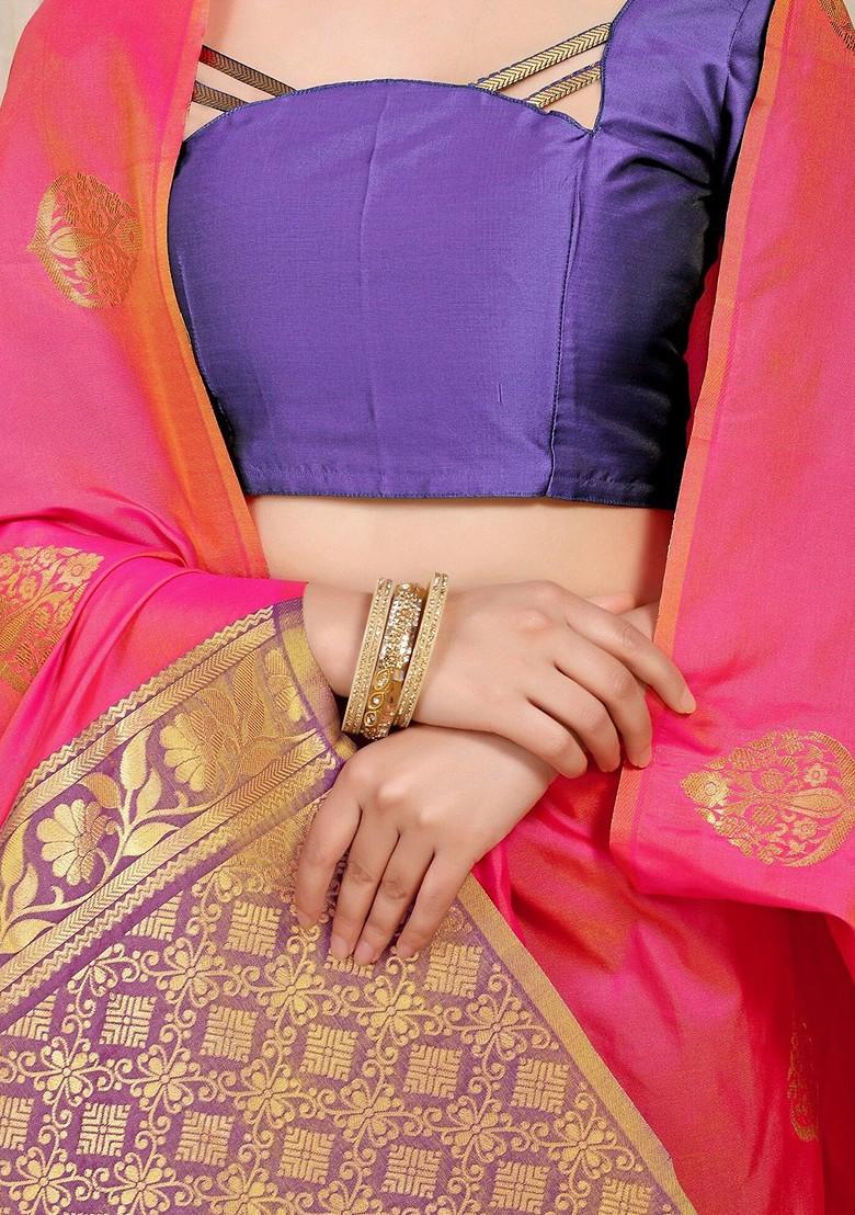 Peach Ethnic Motifs Woven Zari Pure Banarasi Silk Saree Set