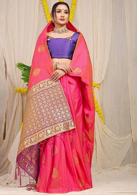 Peach Ethnic Motifs Woven Zari Pure Banarasi Silk Saree Set