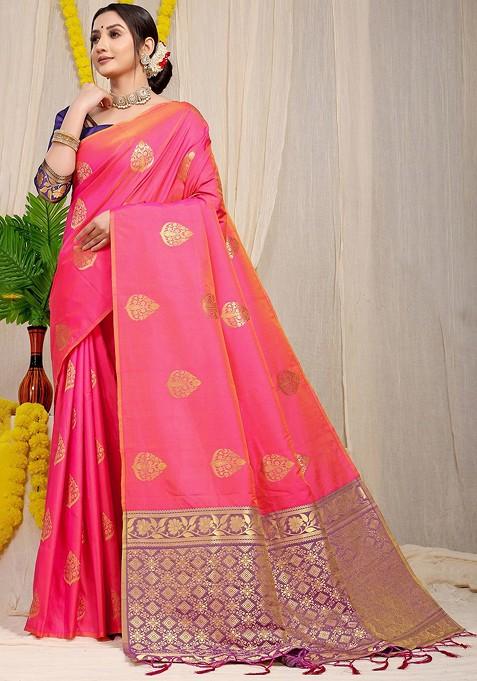 Peach Ethnic Motifs Woven Zari Pure Banarasi Silk Saree Set