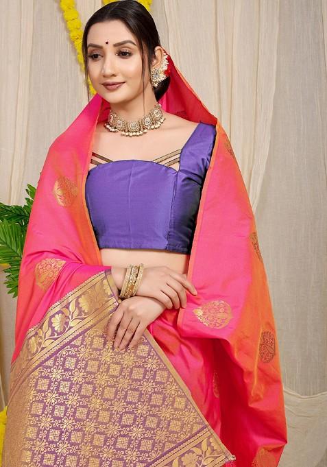 Peach Ethnic Motifs Woven Zari Pure Banarasi Silk Saree Set