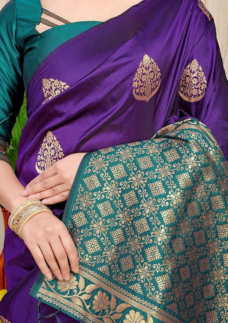 Violet Woven Zari Pure Banarasi Silk Saree Set