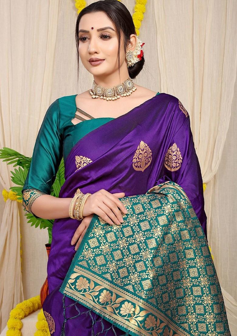 Violet Woven Zari Pure Banarasi Silk Saree Set