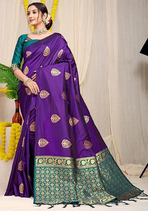 Violet Woven Zari Pure Banarasi Silk Saree Set