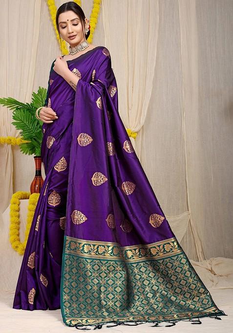 Violet Woven Zari Pure Banarasi Silk Saree Set
