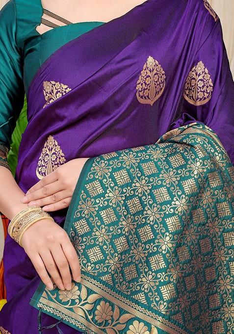 Violet Woven Zari Pure Banarasi Silk Saree Set