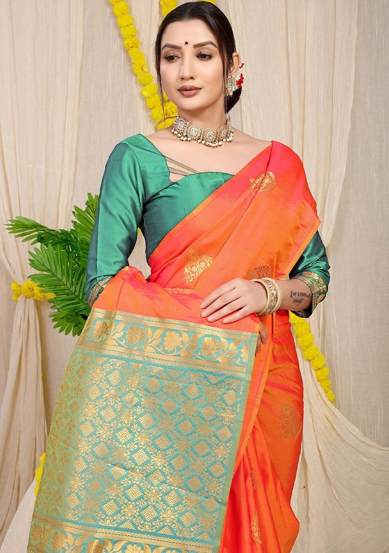 Orange Ethnic Motifs Woven Zari Pure Banarasi Silk Saree Set