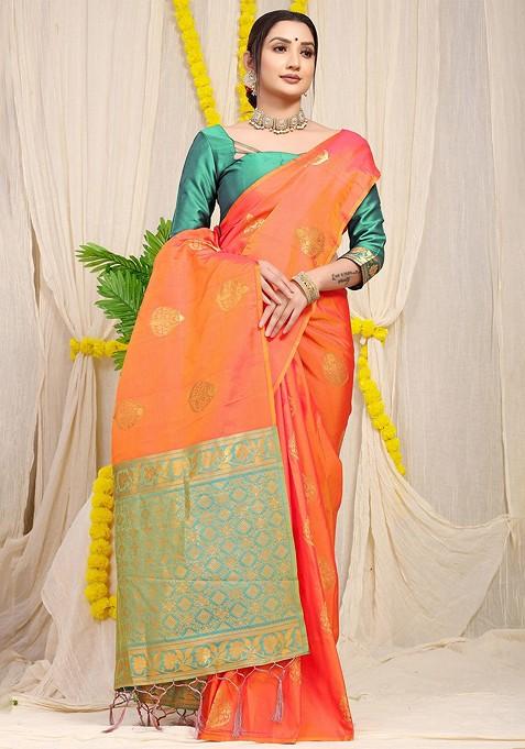 Orange Ethnic Motifs Woven Zari Pure Banarasi Silk Saree Set