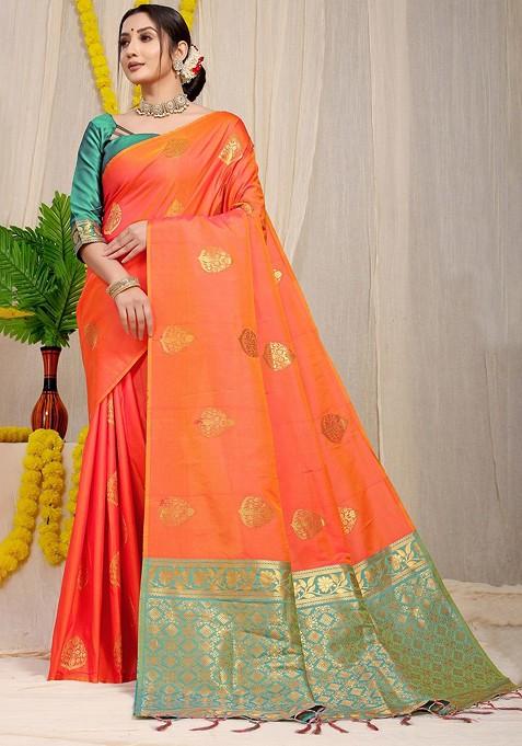 Orange Ethnic Motifs Woven Zari Pure Banarasi Silk Saree Set