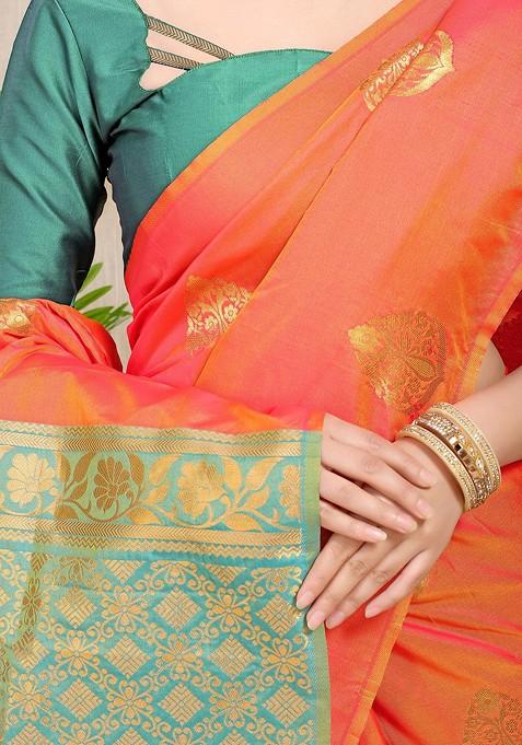 Orange Ethnic Motifs Woven Zari Pure Banarasi Silk Saree Set