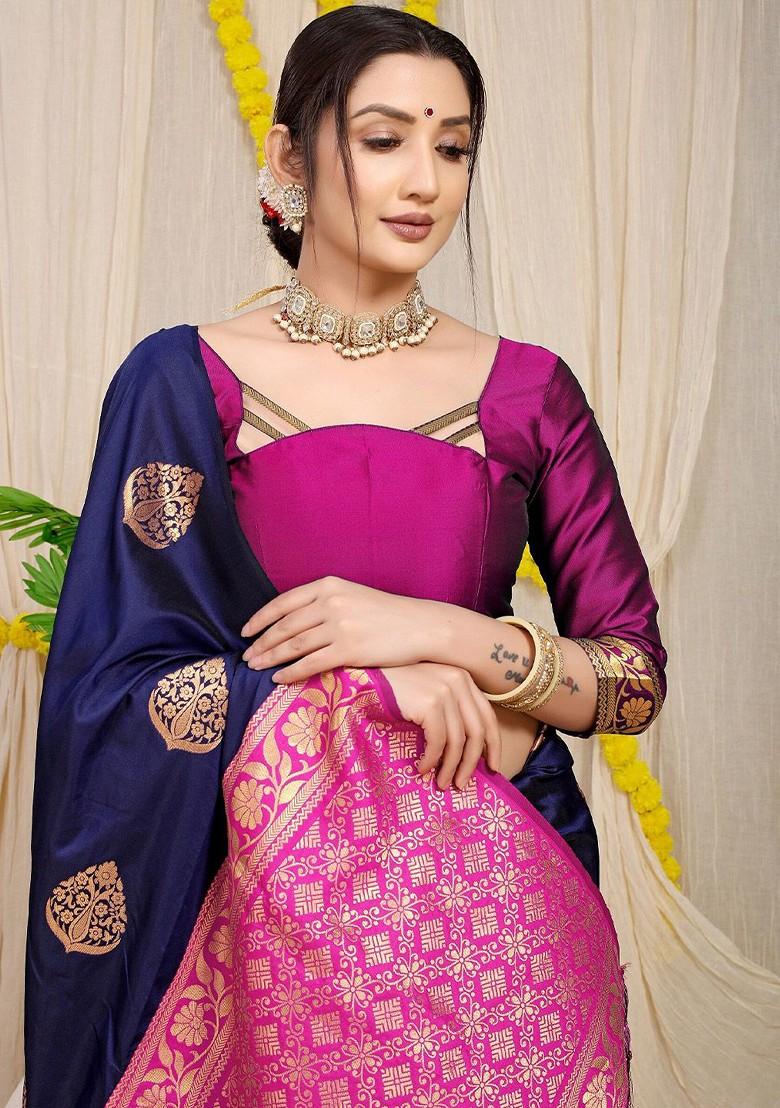 Navy Blue Floral Woven Zari Pure Banarasi Silk Saree Set