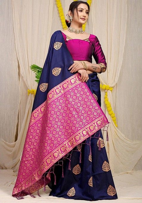 Navy Blue Floral Woven Zari Pure Banarasi Silk Saree Set