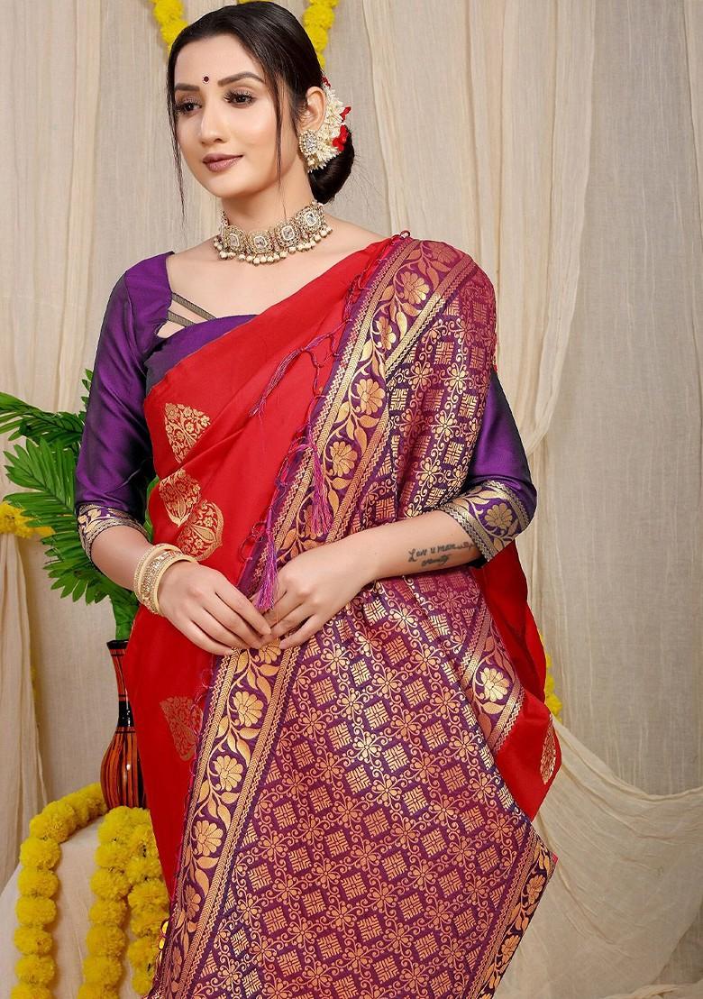 Red Ethnic Motifs Woven Zari Pure Banarasi Silk Saree Set