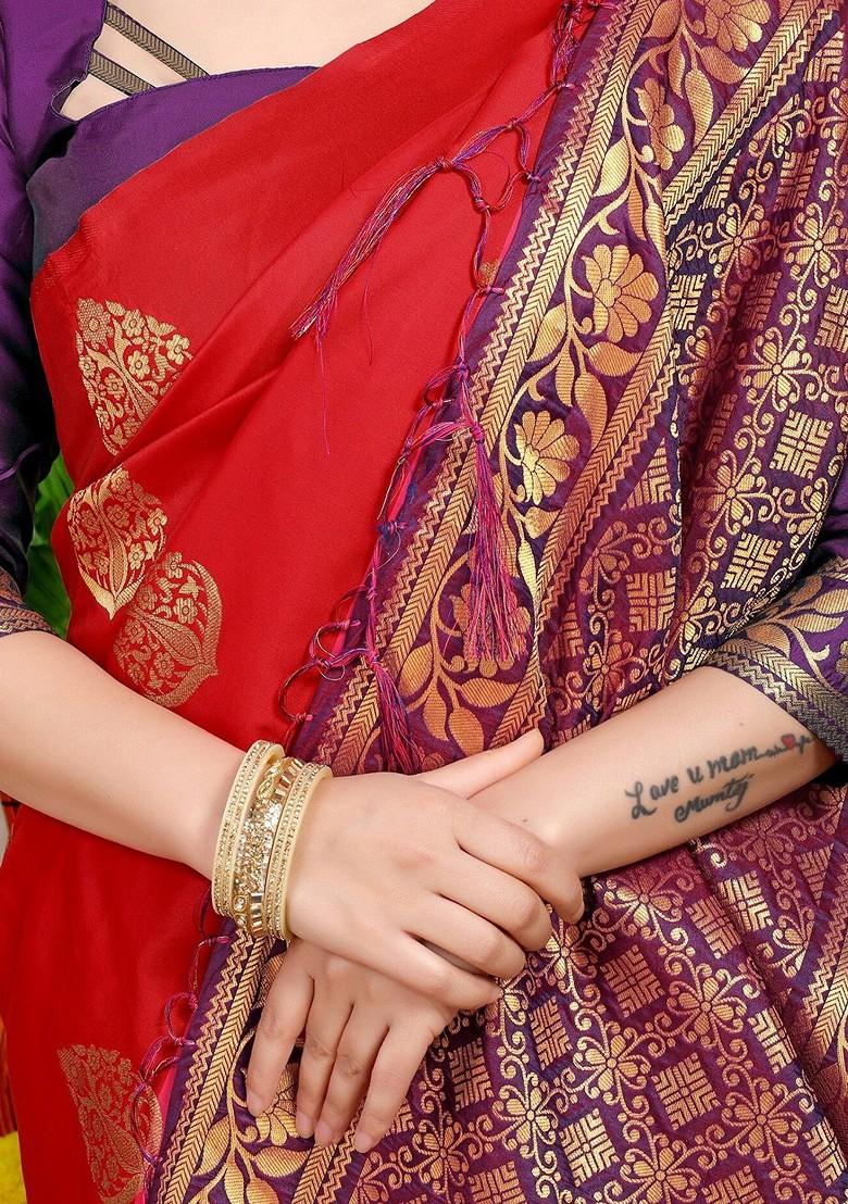 Red Ethnic Motifs Woven Zari Pure Banarasi Silk Saree Set
